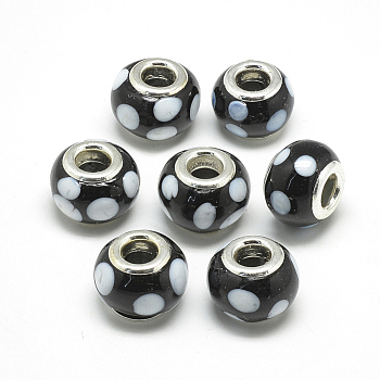 Handmade Lampwork European Beads, with Platinum Brass Double Cores, Large Hole Beads, Rondelle with Spot, Black, 14x10mm, Hole: 5mm