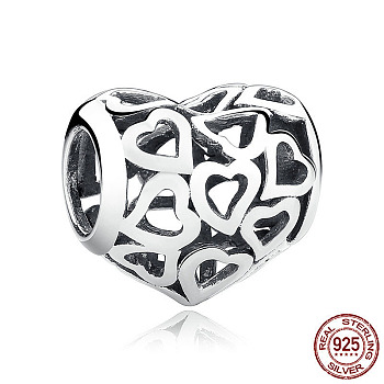 925 Sterling Silver European Beads, Large Hole Beads, Heart, Antique Silver, 10x10mm, Hole: 4.2~4.5mm