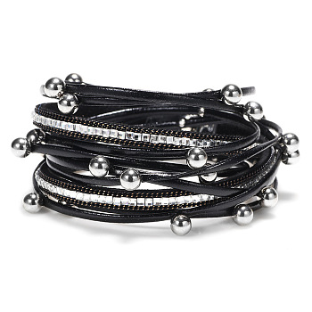 PU Leather Multi-strand Bracelets, with Alloy Magnetic Clasp and Rhinestone, Round, Platinum, Black, 15-3/8 inch(39cm)