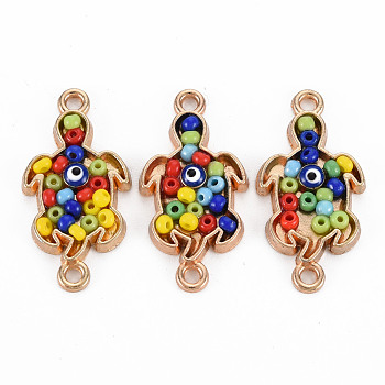 Alloy Enamel Links Connectors, with Glass Seed Beads, Light Gold, Tortoise, Colorful, 26x13x3mm, Hole: 1.8mm