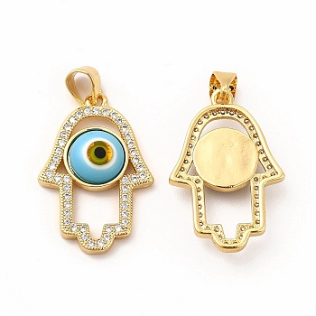 Rack Plating Brass Micro Pave Clear Cubic Zirconia Pendants, with Handmade Evil Eye Lampwork, Cadmium Free & Lead Free, Long-Lasting Real 18K Gold Plated, Hamsa Hand Charm, Light Sky Blue, 25.5x17x4mm, Hole: 5.5x3.5mm