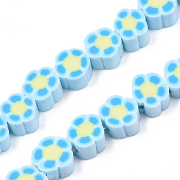 Handmade Polymer Clay Bead Strands, Flower, Light Sky Blue, 6.5~10x7~10.5x4~5mm, Hole: 1.6mm, about 40pcs/strand, 11.61 inch~13.19 inch(29.5~33.5cm)