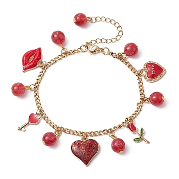 Valentine's Day Alloy Enamel & Resin Charm Bracelet, Heart & Rose & Lip Bracelets with 304 Stainless Steel Chains, Red, 7-3/8 inch(18.7cm), Chain Extender: 60mm