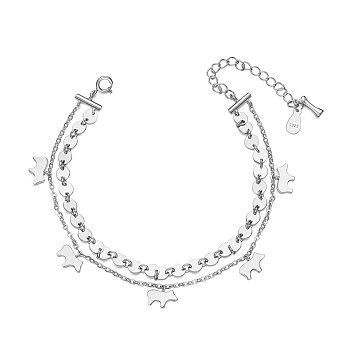 SHEGRACE Rhodium Plated 925 Sterling Silver Bracalets, Multi-strand Bracelet, with S925 Stamp, Animal Silhouette, Platinum, 6-1/4 inch(160mm)