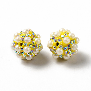 Polymer Clay Rhinestone Beads, with Imitation Pearl, Round, Yellow, 17~17.5mmx17mm, Hole: 1.6mm