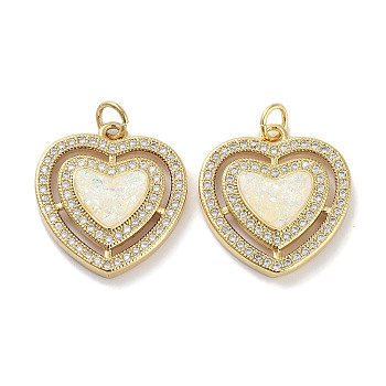 Brass Micro Pave Clear Cubic Zirconia Pendants, with Synthetic Opal and Jump Rings, Real 18K Gold Plated, Heart Charms, White, 20x18.5x3.5mm, Hole: 3mm