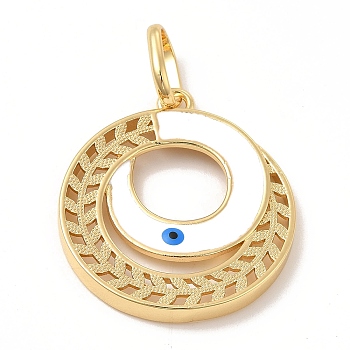 Brass Pendants, with Enamel, Real 18K Gold Plated, Long-Lasting Plated, Round Ring with Evil Eye Charm, White, 36.5x32.5x3.5mm, Hole: 11x7.5mm