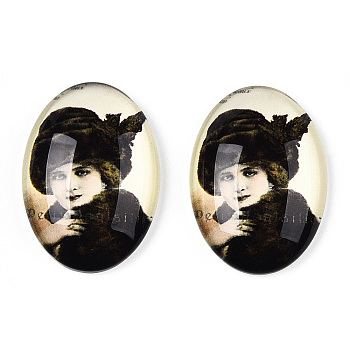 Glass Cabochons, with European Style Pattern, Oval, Black, 25x18x6mm