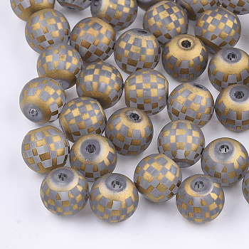 Electroplate Glass Beads, Plaid Beads, Frosted, Round with Tartan Pattern, Gold, 8~8.5mm, Hole: 1.5mm