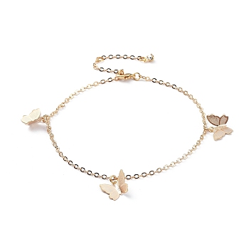 Brass Butterfly Charm Anklets, with Cable Chains, Crystal Rhinestone and Lobster Claw Clasps, Real 18K Gold Plated, 9-1/4 inch(23.5cm)