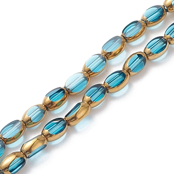 Electroplate Glass Beads Strands, Gold Plating, Oval, Blue, 7x4x3mm, Hole: 1mm, about 50pcs/strand, 13.31''(33.8cm)
