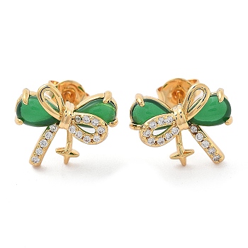 Brass Micro Pave Clear Cubic Zirconia Stud Earrings, with Green Glass, Real 18K Gold Plated, Bowknot, 11x13mm