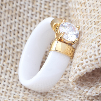 Flat Round Porcelain Finger Rings for Women Men, with Clear Cubic Zirconia, Golden, White, US Size 7(17.3mm)