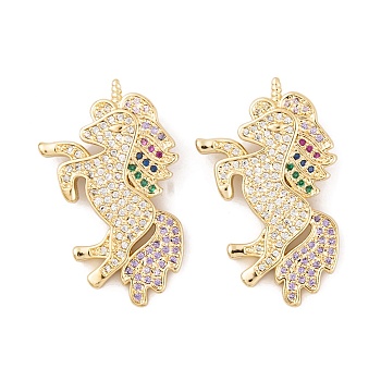 Brass Micro Pave Cubic Zirconia Pendants, Real 18K Gold Plated Unicorn Charms, Colorful, 29x18x5.5mm, Hole: 3x2.2mm