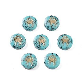 Synthetic Turquoise Beads, with Golden Tone Brass Slices, Flat Round with Constellations, Cancer, 15x5mm, Hole: 1mm