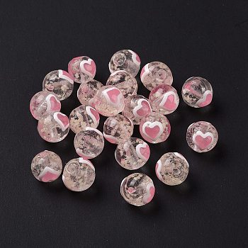 Handmade Lampwork Beads, Round with Heart, Misty Rose, 10x9mm, Hole: 1.4mm