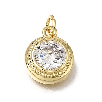 Brass Glass Pendants, Flat Round Charm, Lead Free & Cadmium Free, Faceted, Real 18K Gold Plated, 15x12x5.5mm, Hole: 3.5mm