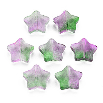 Two Tone Transparent Spray Painted Glass Beads, Star, Orchid, 12.5x13x5mm, Hole: 1mm