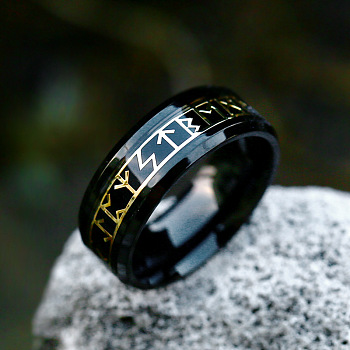 Titanium Steel  Words Finger Rings, Rune Words Odin Norse Viking Amulet Jewelry, Electrophoresis Black, US Size 7(17.3mm)