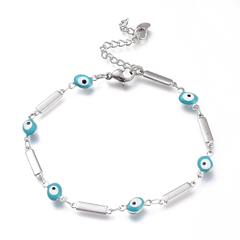 304 Stainless Steel Link Bracelets, with Enamel and Lobster Claw Clasps, Evil Eye & Rectangle, Light Sky Blue, Stainless Steel Color, 7-7/8 inch(20cm)