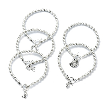 Tibetan Style Alloy Charm Bracelet, with Glass Pearl Round Beaded Chains, Mixed Shape, White, 9-5/8 inch(24.3cm)