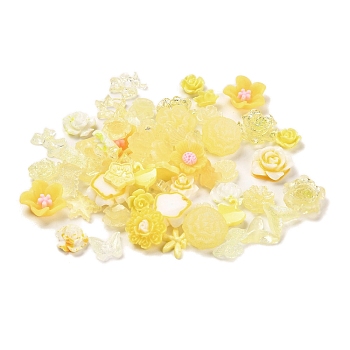 Luminous Resin Decoden Cabochons, Glow in the Dark Flower Mixed Shapes, Yellow, 6~15x7~12x2~6.5mm, about 3000pcs/set