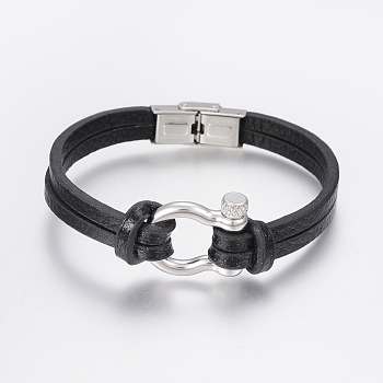 Men's Leather Cord Multi-strand Bracelets, with 304 Stainless Steel Toggle Clasps, Black, 8-5/8 inch(220mm), 
9~22x3~10mm