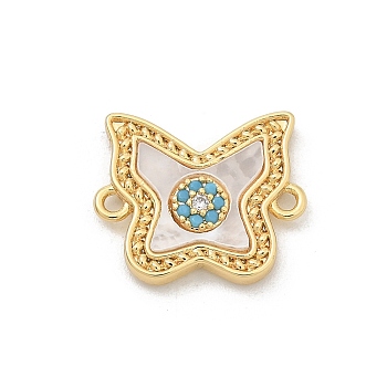 Brass Micro Pave Clear Cubic Zirconia Connector Charms, with Shell, Real 18K Gold Plated, Butterfly, 12.5x15x2.5mm, Hole: 1.2mm