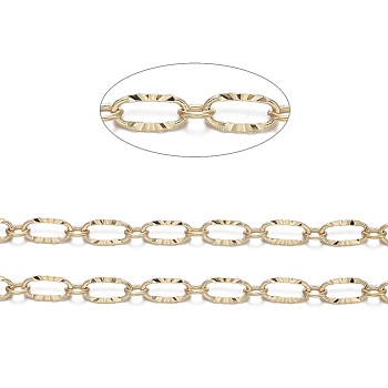 3.28 Feet Brass Textured Oval Link Chains, Figaro Chains, Soldered, Real 18K Gold Plated, 6.2x3.3x0.5mm