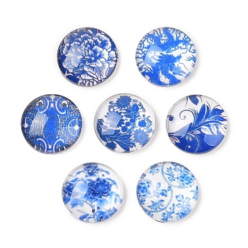 Blue and White Floral Printed Glass Cabochons, Half Round/Dome, Steel Blue, 14x5mm