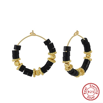 Natural Obsidian Beaded Hoop Earrings, with 925 Sterling Silver Earring Hoop, Real 14K Gold Plated, 30~32x28~29mm