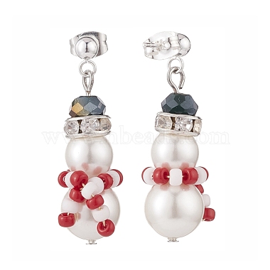 Boucles d'oreilles pendantes bonhomme de neige de Noël tressées en perles de coquillages et en verre(EJEW-TA00089)-2