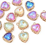 15Pcs Heart K9 Glass Charms, Faceted, with Light Gold Tone Brass Edge, Mixed Color, 14.5x12x5.5mm, Hole: 1.6mm(GLAA-YW0004-59)