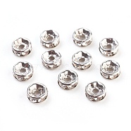Brass Rhinestone Spacer Beads, Grade A, Straight Flange, Platinum Metal Color, Rondelle, Crystal, 6x3mm, Hole: 1mm(RB-A014-Z6mm-01P)