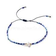 Glass Imitation Pearl & Seed Braided Bead Bracelets, Adjustable Bracelet, Dark Blue, 11 inch(28cm)(WO2637-13)