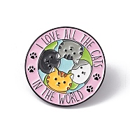 Word I Love All The Cats In The World Enamel Pin, Electrophoresis Black Alloy Flat Round Brooch for Backpack Clothes, Cat Pattern, 30x2mm, Pin: 1.2mm(X-JEWB-A005-03-05)