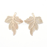 Brass Pendants, Etched Metal Embellishments, Leaf, Real 18K Gold Plated, 31x24.2x0.2mm, Hole: 1.5mm(KK-E783-01G)