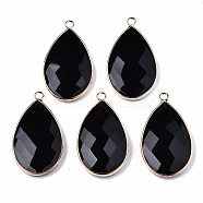 Natural Agate Pendants, with Light Gold Tone Brass Edge and Loops, Dyed, Faceted, Teardrop, Black, 37x21x5~6mm, Hole: 2.5mm(G-S359-195B)