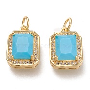Brass Glass Charms, with Micro Pave Clear Cubic Zirconia and Jump Ring, Rectangle, Real 18K Gold Plated, Deep Sky Blue, 14.5x10.5x5mm, Hole: 3.4mm(X-ZIRC-F116-09D-G)