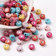 Opaque Acrylic Beads, Flat Round with Heart, Silver Plated, 6.5x7x3mm, Hole: 1.6mm, about 3600~3700pcs/500g(PACR-N006-50-B02)