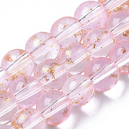 Transparent Spray Painted Glass Bead Strands, with Golden Foil, Round, Pink, 6~7mm, Hole: 1.2~1.5mm, about 65~67pcs/Strand, 14.76 inch~15.12 inch(37.5~38.4cm)(X-GLAA-N035-03B-B06)