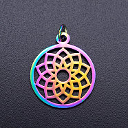 Ion Plating(IP) 201 Stainless Steel Pendants, with Jump Rings, Chakra, Sahasrara, Ring with Flower, Rainbow Color, 22.5x19x1mm, Jump Ring: 5x0.8mm, Inner Diameter: 3mm(STAS-S105-JN241)