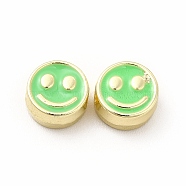 Rack Plating Alloy Enamel Beads, Cadmium Free & Nickel Free & Lead Free, Flat Round with Smiling Face Pattern, Light Gold, Spring Green, 7.5x4mm, Hole: 2mm(FIND-G051-01LG-03)