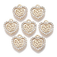 Valentine's Day Brass Micro Pave Cubic Zirconia Pendants, Heart with Rose, Light Gold, Clear, 15.5x13.5x3mm, Hole: 1.5mm(X-KK-T060-02)