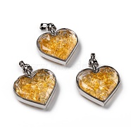 Glass Bottle Pendants, with Synthetic Citrine Chips and Platinum Plated Alloy Findings, Heart, 40x32.5x11mm, Hole: 8x5mm(G-Z010-02G)