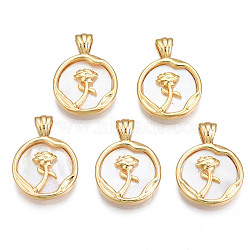 Brass Pendants, with Creamy White Shell, Cadmium Free & Nickel Free & Lead Free, Flat Round with Rose Flower, for Valentine Day, Real 18K Gold Plated, 17x12.5x4mm, Hole: 2x3mm(KK-N233-163)