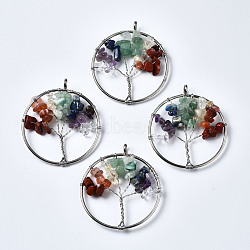 Tree of Life Mixed Stone Bead Brass Wire Wrapped Big Pendants, Platinum, 56.5~60x50~52x5~10mm, Hole: 6mm(G-S202-05)
