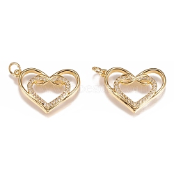 Brass Micro Pave Clear Cubic Zirconia Pendants, Long-Lasting Plated, With Jump Rings, Heart in Heart with Infinity Sign, Golden, 17.5x23.7x2.5mm, Hole: 3mm, jump ring: 5x1mm, 3mm inner diameter.(ZIRC-N040-05-G)