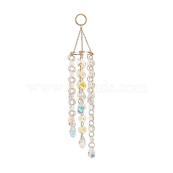 Electroplated Octagon Glass Beaded Pendant Decoration, with 304 Stainless Steel Cable Chains and Glass Teardrop Charm, for Home Decoration, Golden, 235x41mm(HJEW-JM00836-01)