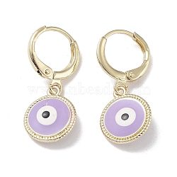 Real 18K Gold Plated Brass Dangle Leverback Earrings, with Enamel, Evil Eye, Lilac, 26.5x11mm(EJEW-L269-007G-02)
